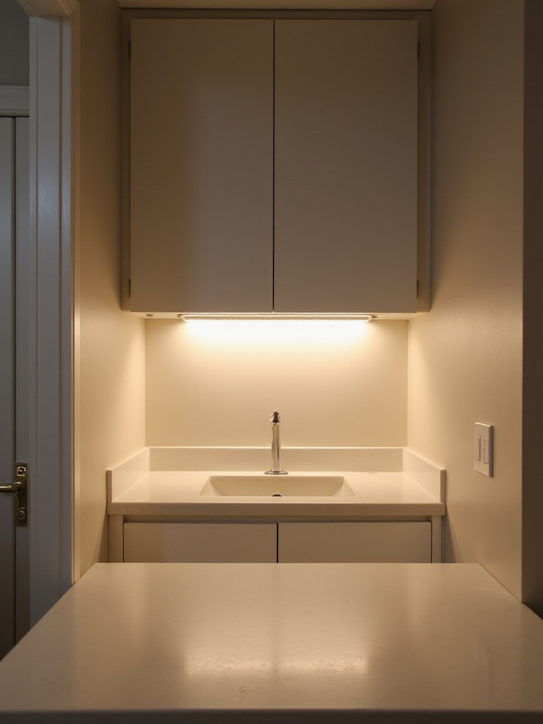 Modern bathroom vanity with a wall-mounted cabinet and soft under-cabinet LED lighting illuminating the countertop.