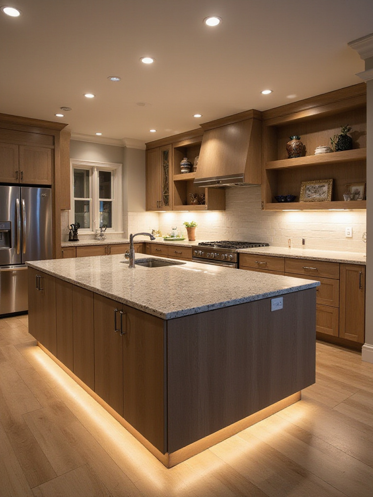 Modern kitchen with layered lighting including ambient, task, and accent lights.