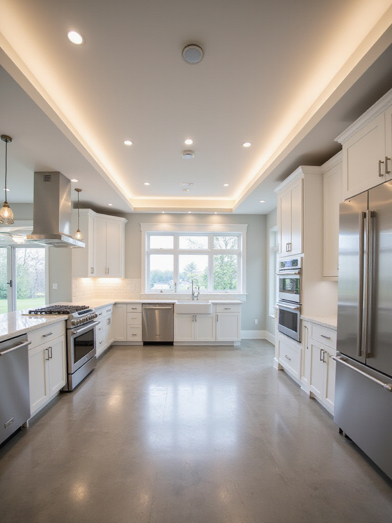 Modern kitchen with layered lighting, including recessed lights, under-cabinet LEDs, and pendant lights.