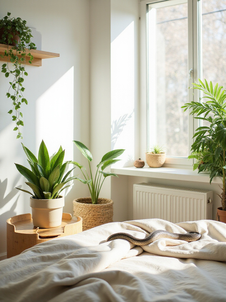 Bedroom with plants adding a touch of nature and improving air quality.