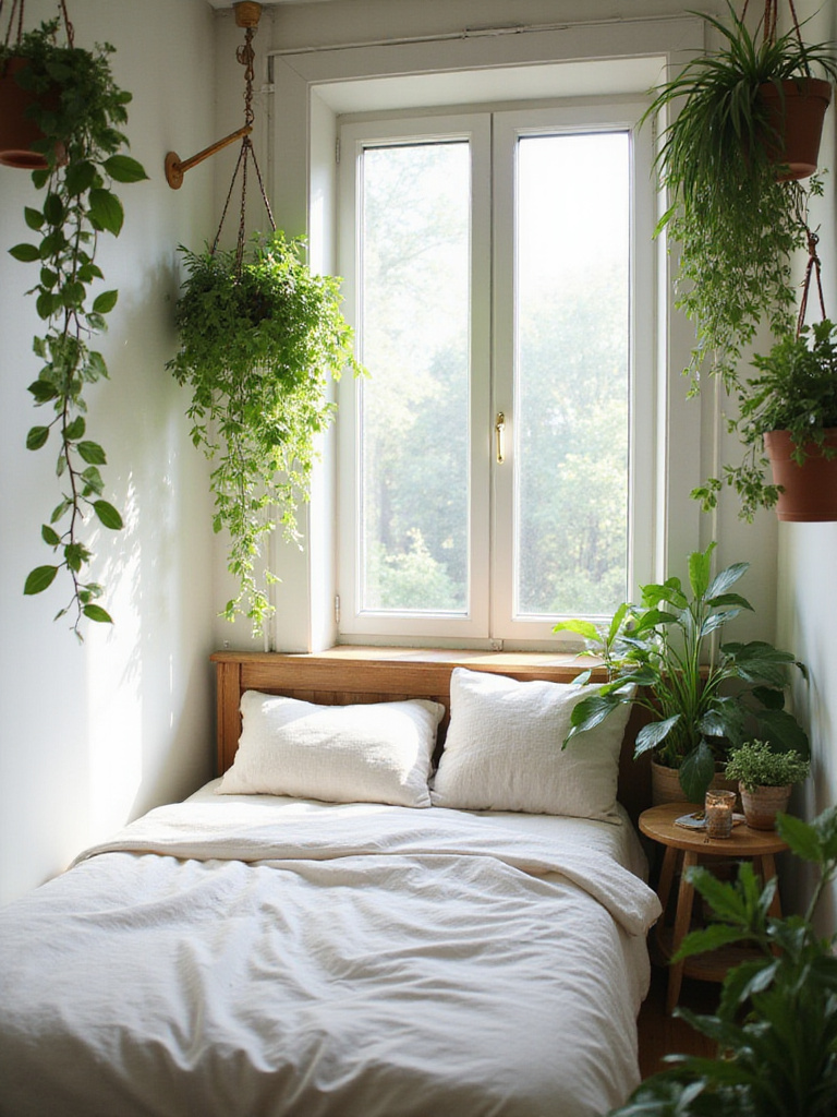 Hanging plants bring life to a small bedroom, utilizing vertical space above a cozy bed and near a window.