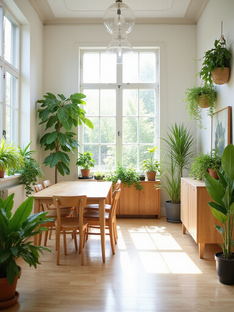 Bright dining room with natural light, featuring a wooden table and chairs surrounded by various green plants, including a large floor plant, sideboard plants, and hanging plants.