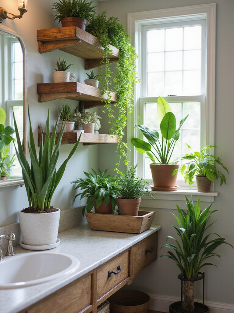 Farmhouse bathroom with easy-care potted plants on shelves and countertops