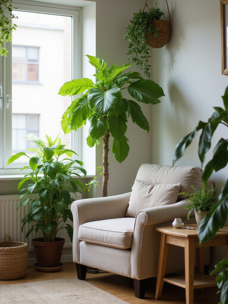 Living room corner with a comfortable chair surrounded by lush green plants, showcasing natural light.