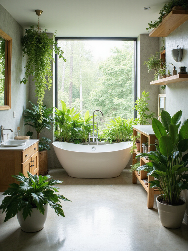 Modern bathroom design featuring lush green plants on shelves, vanity, and floor, bringing nature into the space with soft natural light.