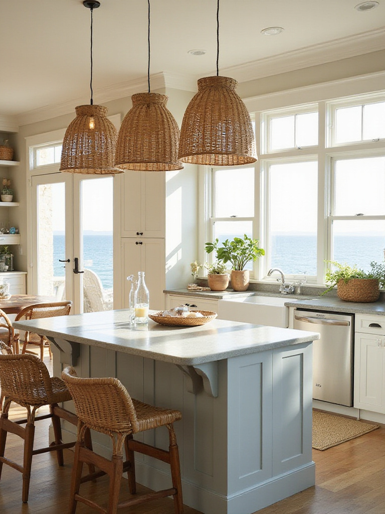 A bright coastal kitchen featuring white cabinets and a blue island. Woven rattan pendant lights hang over the island, and rattan bar stools are pulled up to the counter. Wicker baskets are used for storage on shelves, adding natural texture to the beach-inspired design.