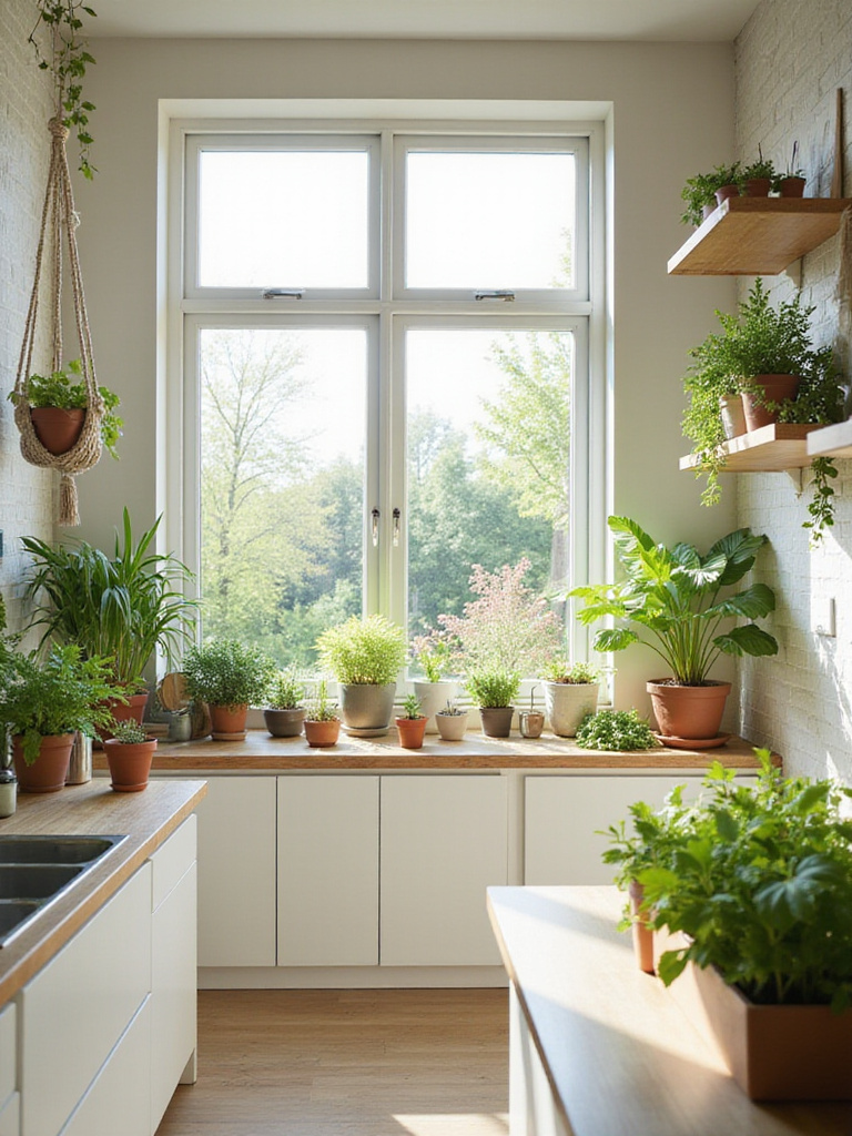 Kitchen with plants, natural light, and herb garden