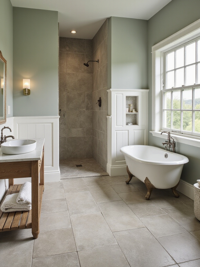 Farmhouse bathroom with large format grey slate-look tile on floor and shower, featuring a clawfoot tub and rustic wood vanity.
