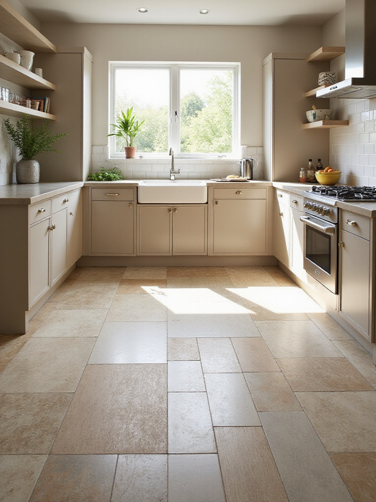 Various kitchen floor tile samples laid out in a well-lit kitchen, showcasing different materials, colors, and patterns.
