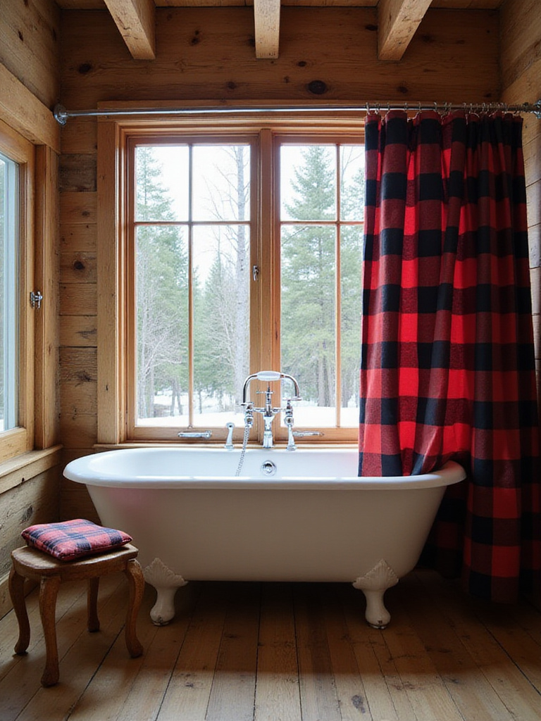 Rustic bathroom with buffalo check shower curtain, clawfoot tub, and wooden beams