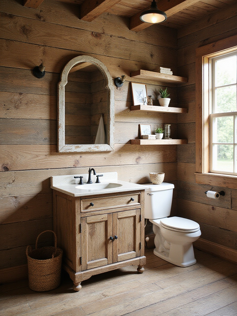Rustic farmhouse bathroom with distressed wood finishes