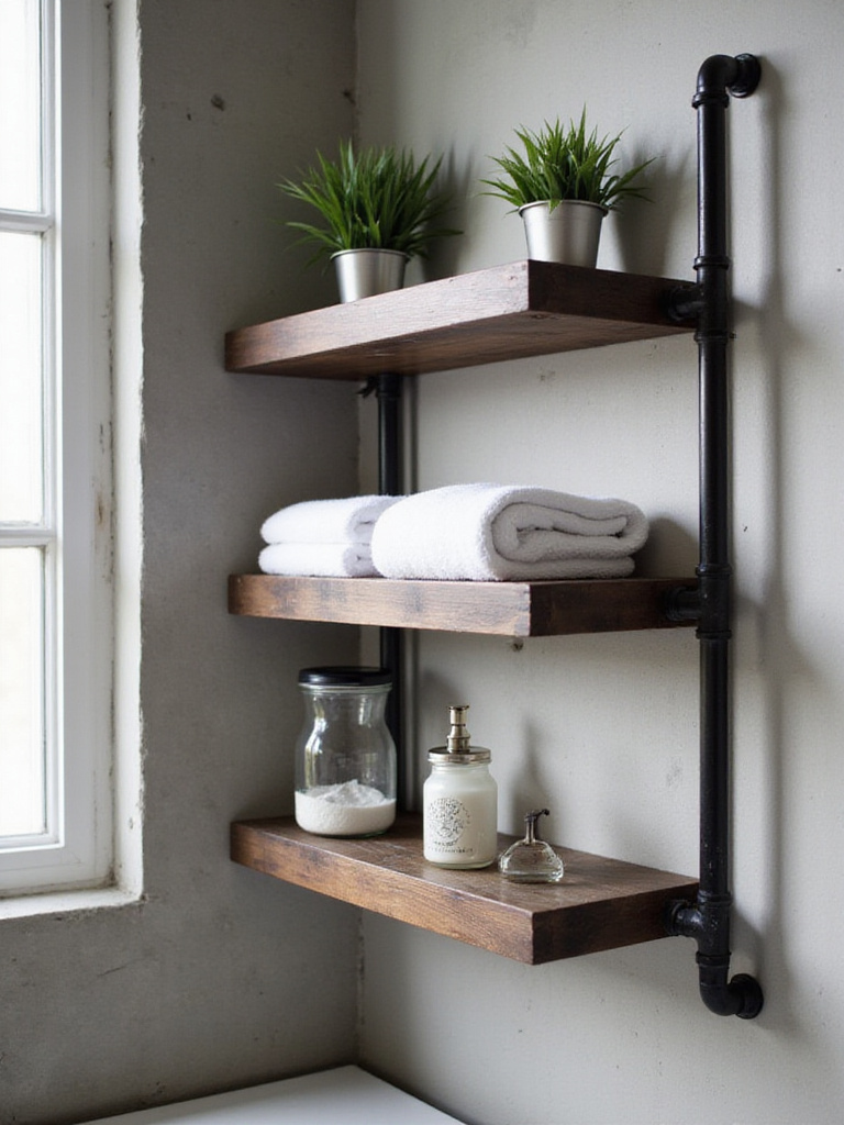 Industrial bathroom featuring open shelving with black iron pipe supports and reclaimed wood planks.