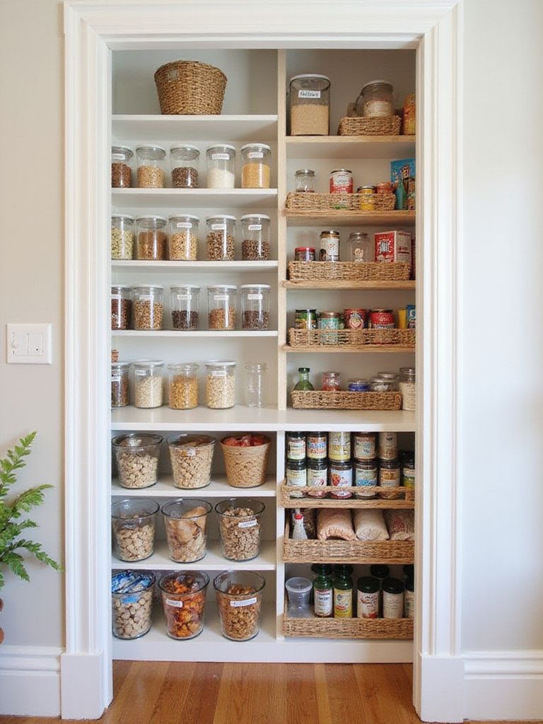 A spacious, well-organized walk-in pantry featuring adjustable shelving, clear airtight containers for dry goods, labeled baskets for snacks, and tiered storage for canned goods.