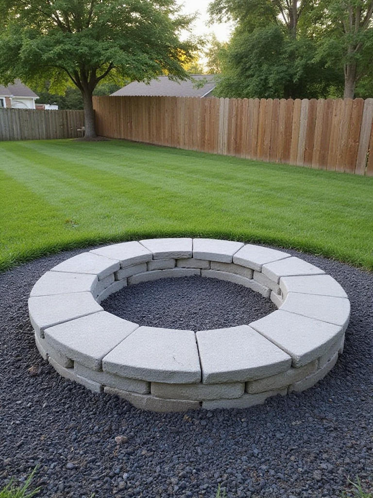 Simple concrete paver fire pit ring in a backyard setting