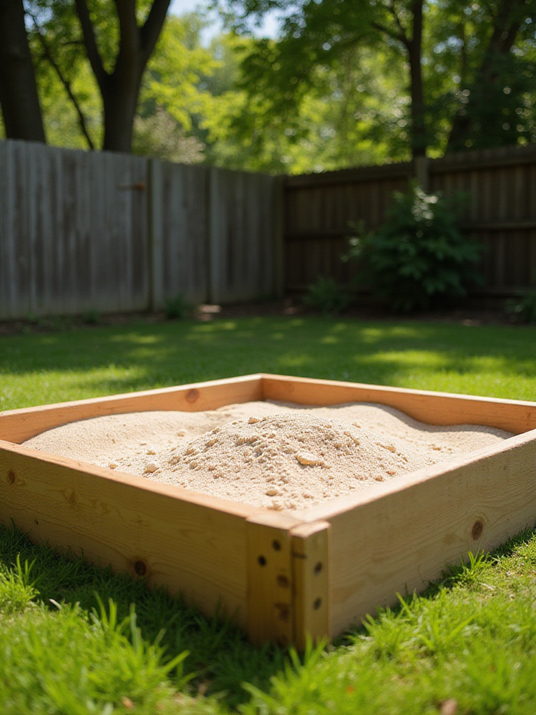 Square wooden sandbox in a backyard filled with play sand