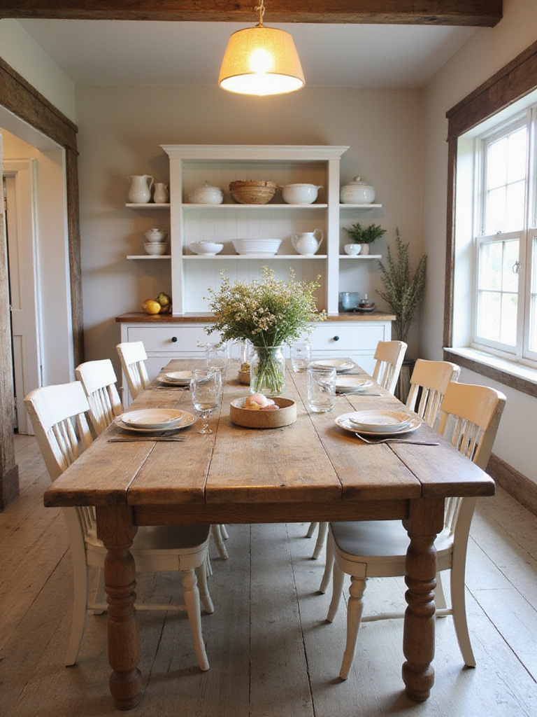 A warm and inviting rustic farmhouse dining room featuring a large distressed wood table, mixed chairs, open shelving, and natural decor, illuminated by soft lighting.