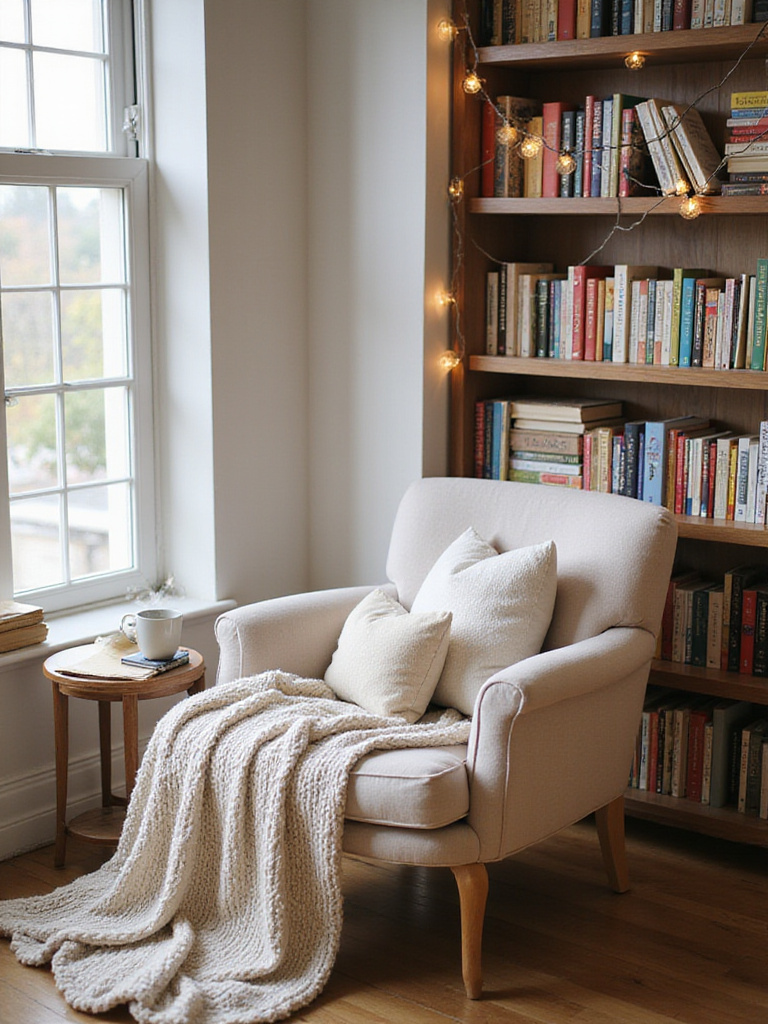 Cozy reading nook in a bedroom corner with armchair, books, and soft lighting