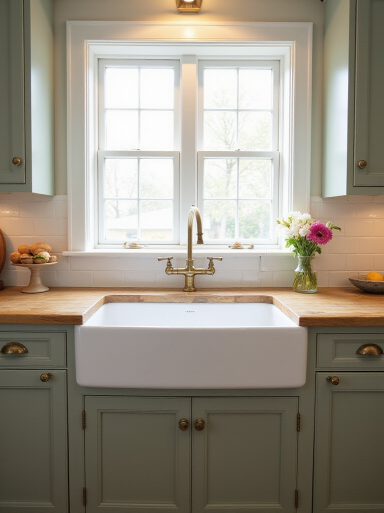 Traditional kitchen featuring a white fireclay farmhouse sink under a window, surrounded by classic cabinetry and countertops.