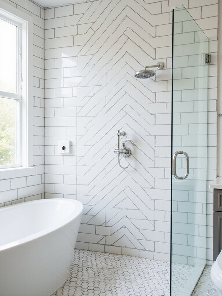 Modern bathroom with a white subway tile chevron pattern on the shower wall, accented by dark grout.