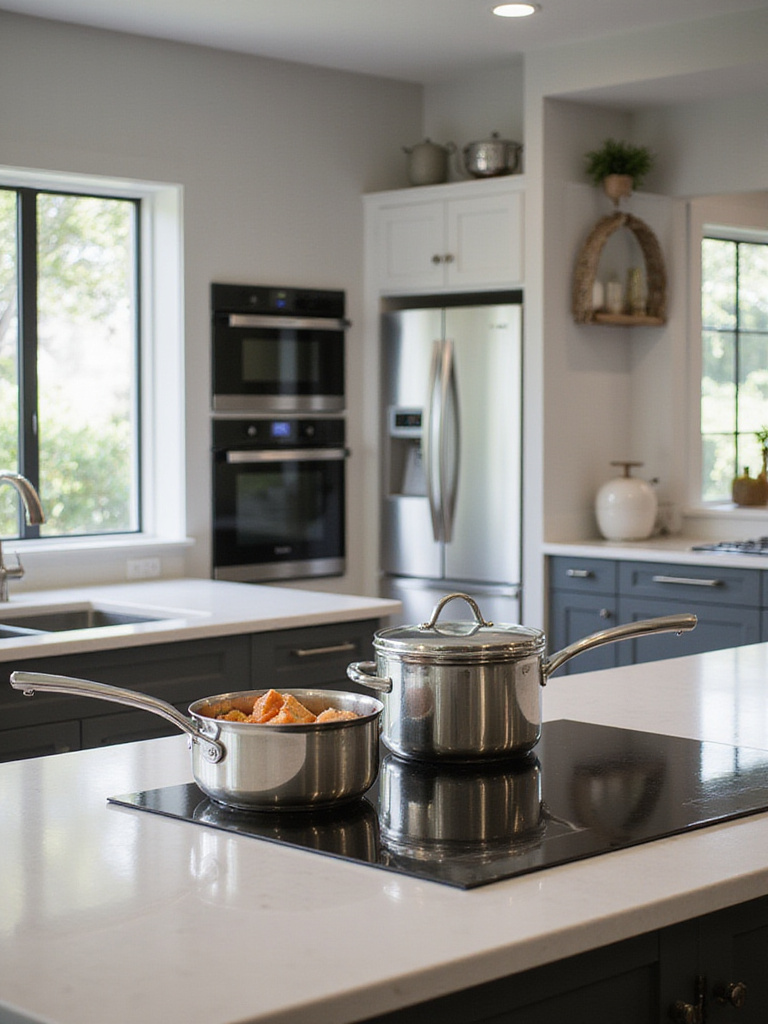 Modern kitchen with induction cooktop, wall oven, and refrigerator, designed for specific cooking habits.