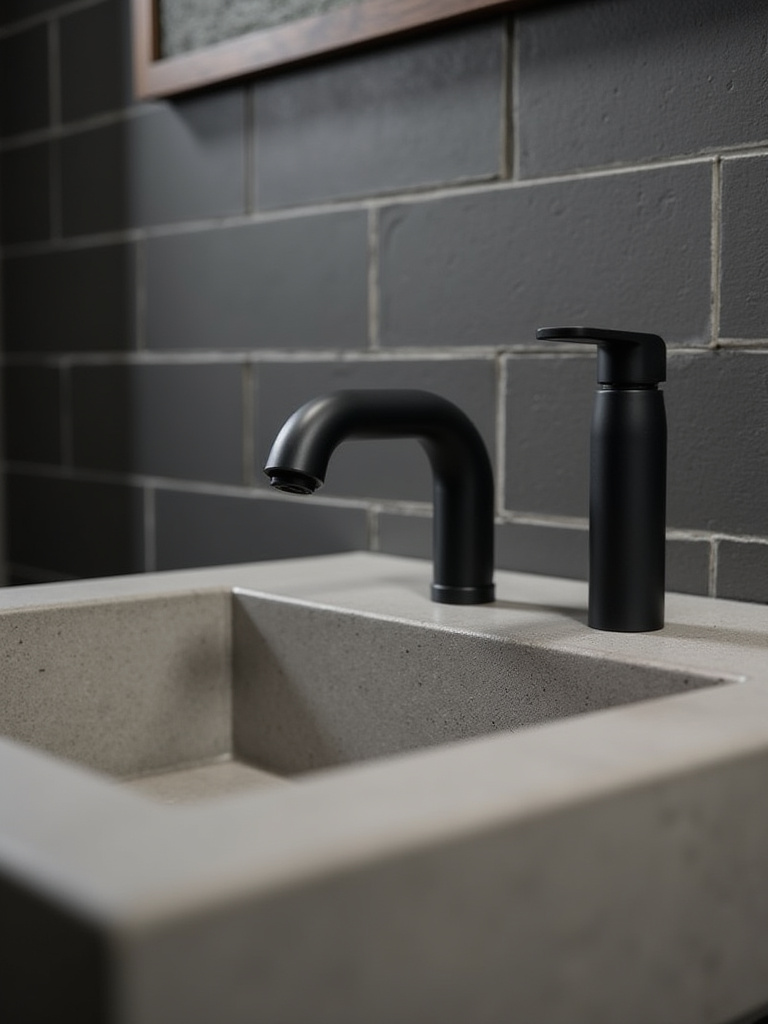 Industrial bathroom with black matte faucet and dark gray subway tile