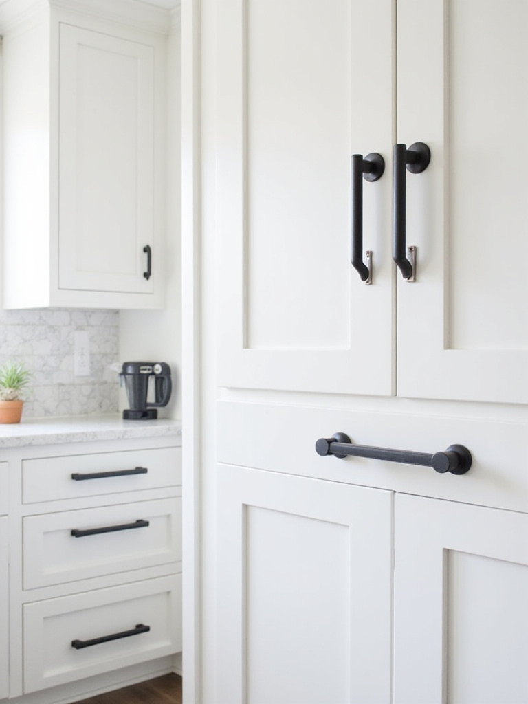 White shaker kitchen cabinets featuring matte black knobs and pulls, showcasing stylish hardware choice.