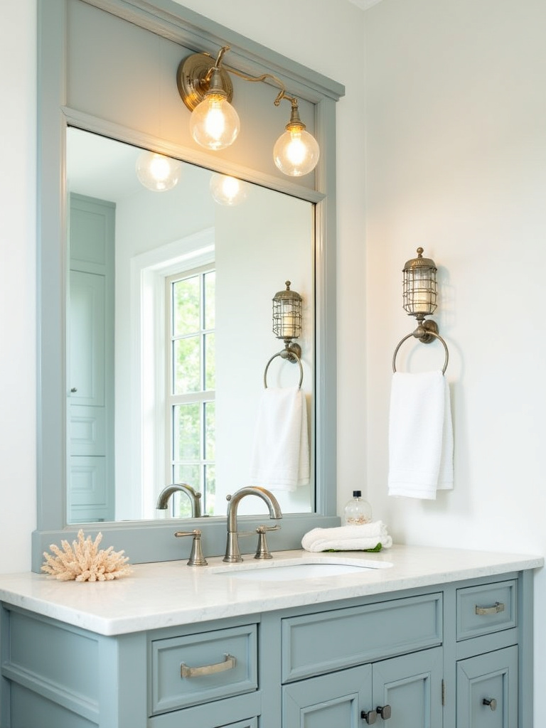 Coastal bathroom vanity with clear glass globe vanity lights and a nautical cage sconce, creating a bright and airy ambiance.