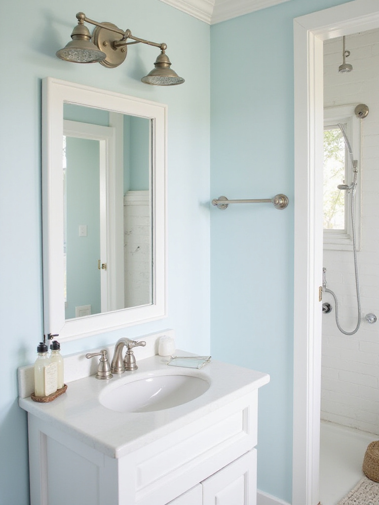 A bright coastal bathroom featuring a white vanity with a brushed nickel faucet, a shower with brushed nickel fixtures, and a brushed nickel towel bar. The room has light blue walls and natural wood accents.