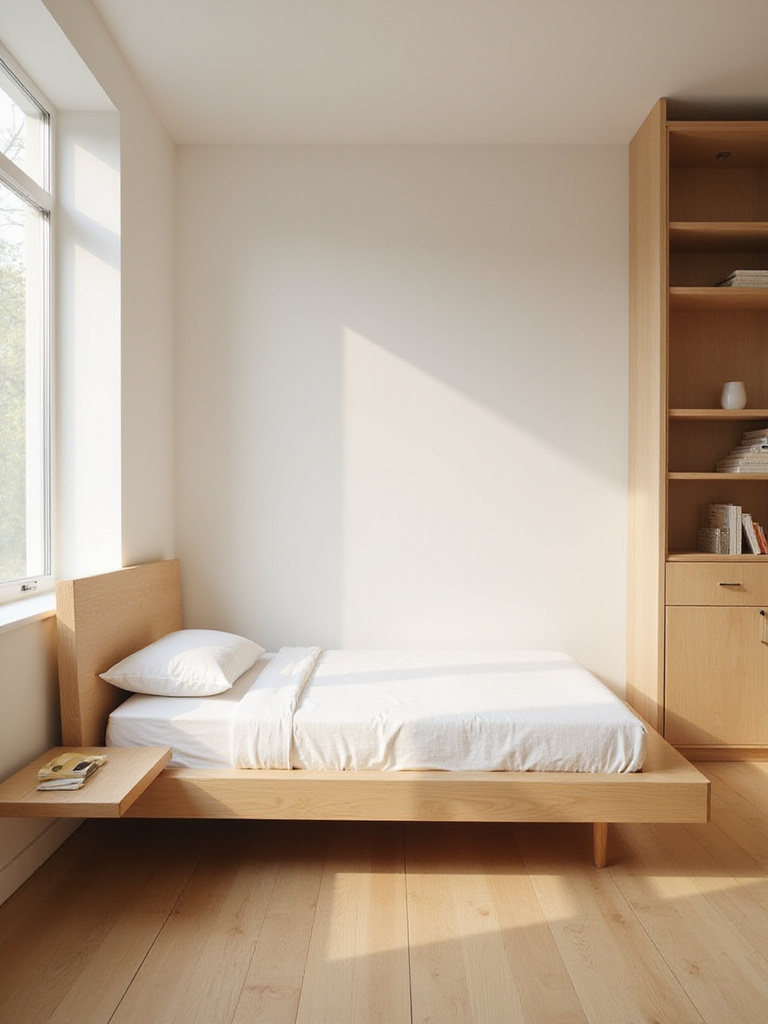 Small bedroom with appropriately scaled furniture showcasing a platform bed, floating shelves, and a tall bookcase for maximizing space.