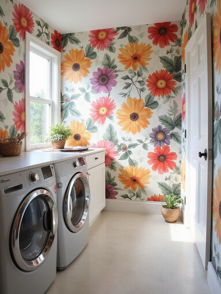 Laundry room with large-scale floral wallpaper creating a bold statement.