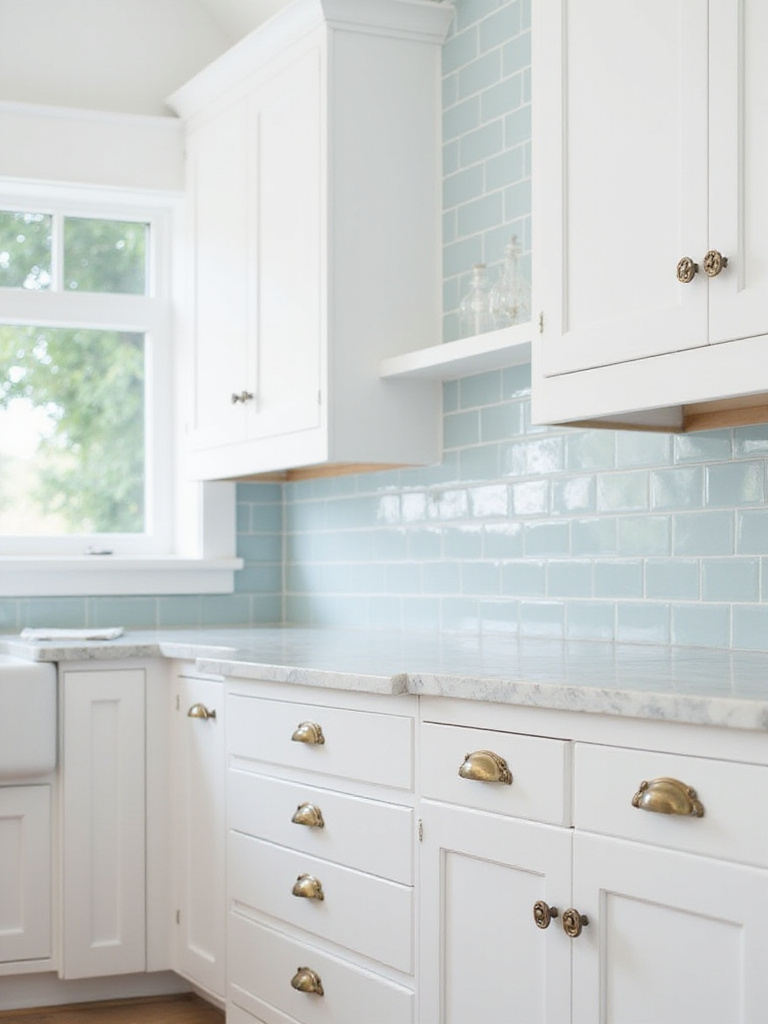 White coastal kitchen cabinets featuring a mix of aged brass boat cleat pulls and anchor-shaped knobs for a nautical look.