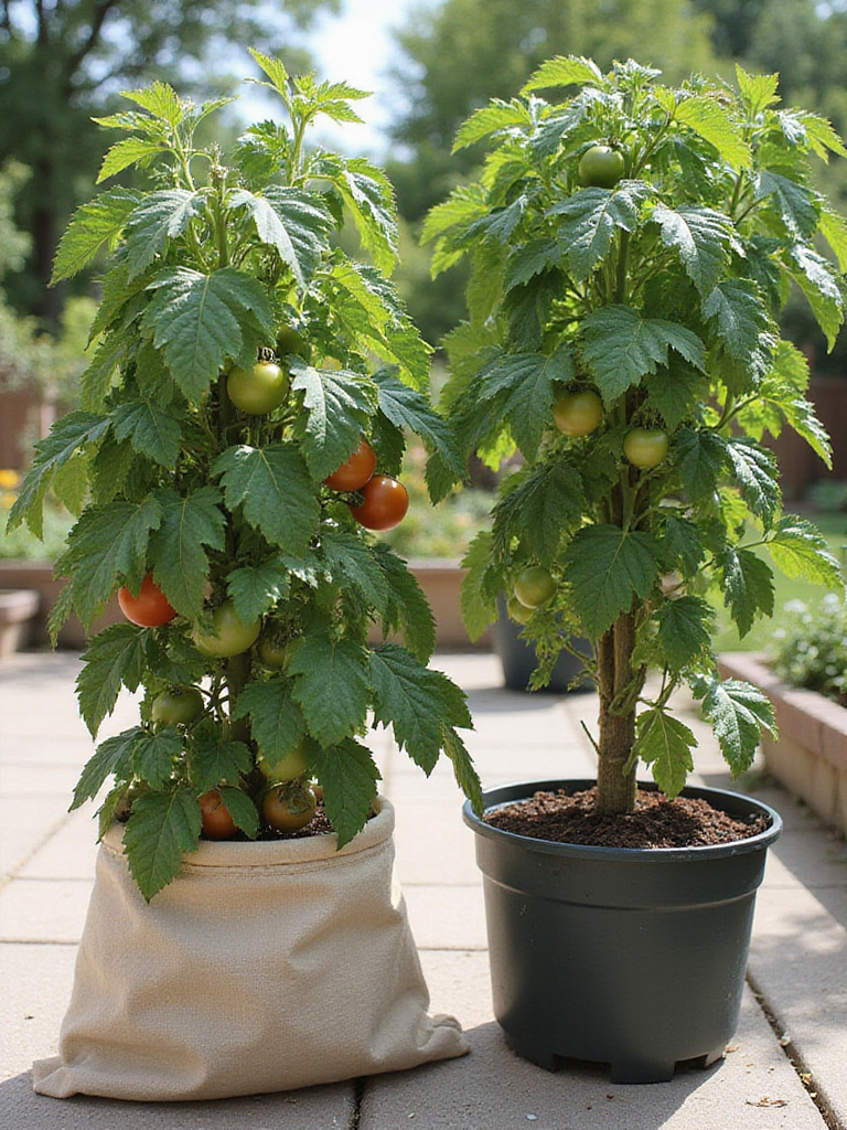 Two container-grown tomato plants, one thriving in a large 5-gallon pot and the other stunted in a small 2-gallon pot, demonstrating the importance of container size for healthy roots.
