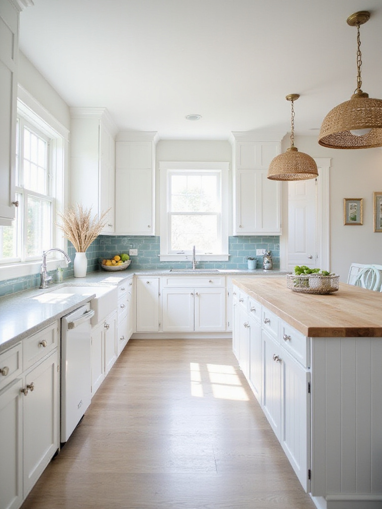 Bright coastal kitchen with white Shaker cabinets, light countertops, blue subway tile backsplash, and a white beadboard island illuminated by natural light.