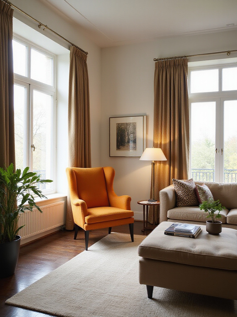 A statement accent chair, like a sculptural mid-century modern lounge chair or a bold wingback, serving as a focal point in a well-lit living room with neutral furniture.