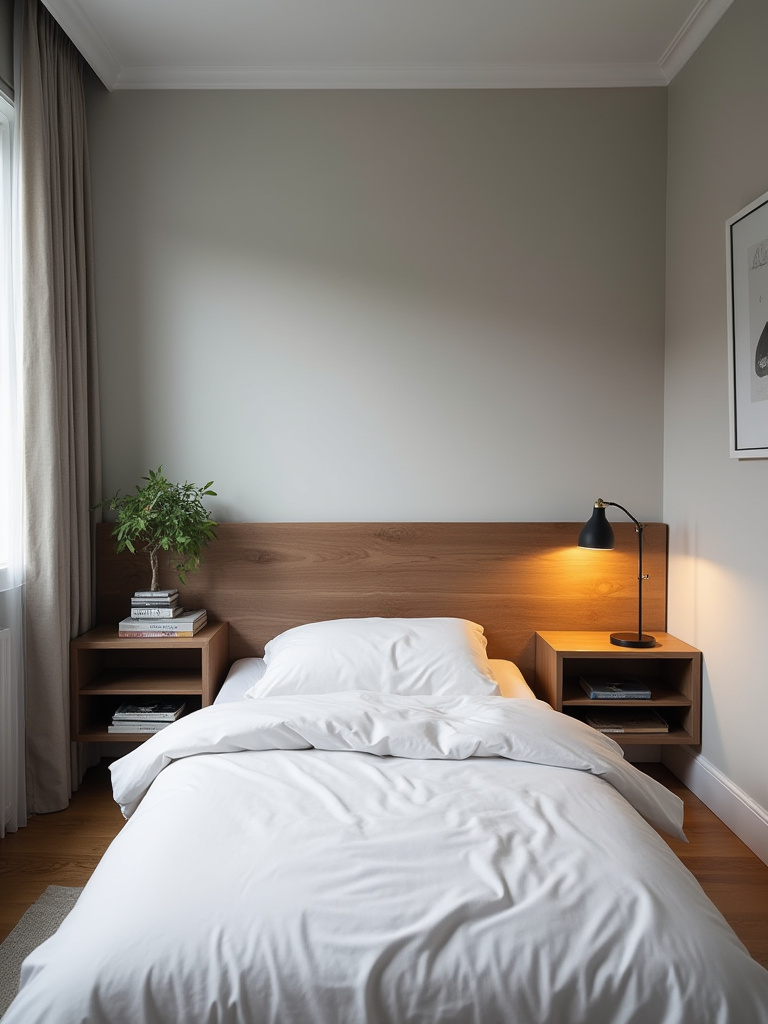 Small bedroom featuring a dark wood headboard with built-in storage shelves.
