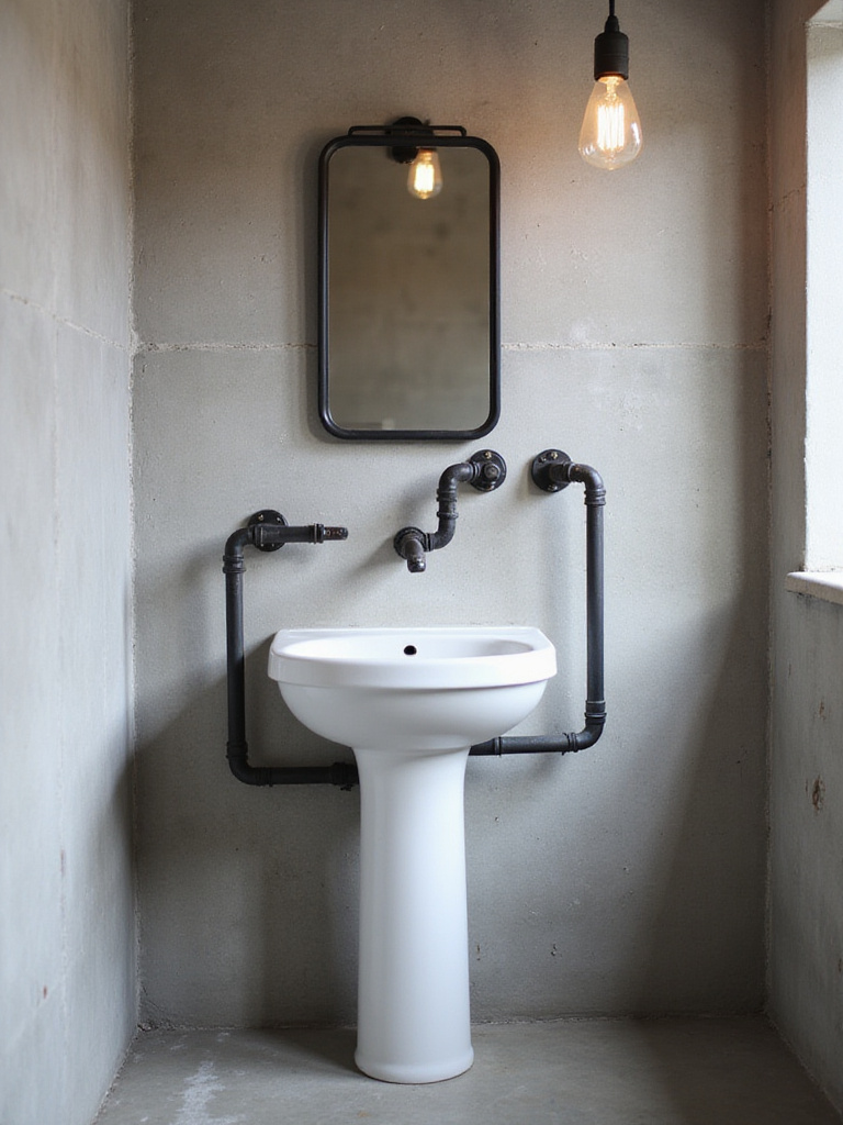 Industrial bathroom with white pedestal sink and exposed matte black plumbing.