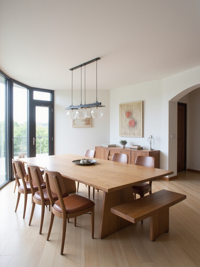 Large, modern dining room with a rectangular extendable dining table fully expanded and surrounded by versatile seating.