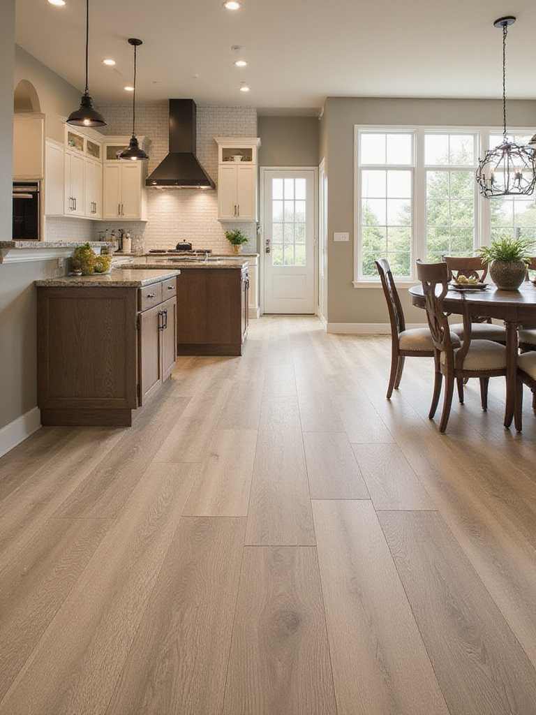 Modern kitchen showcasing durable and comfortable flooring options with no people present.