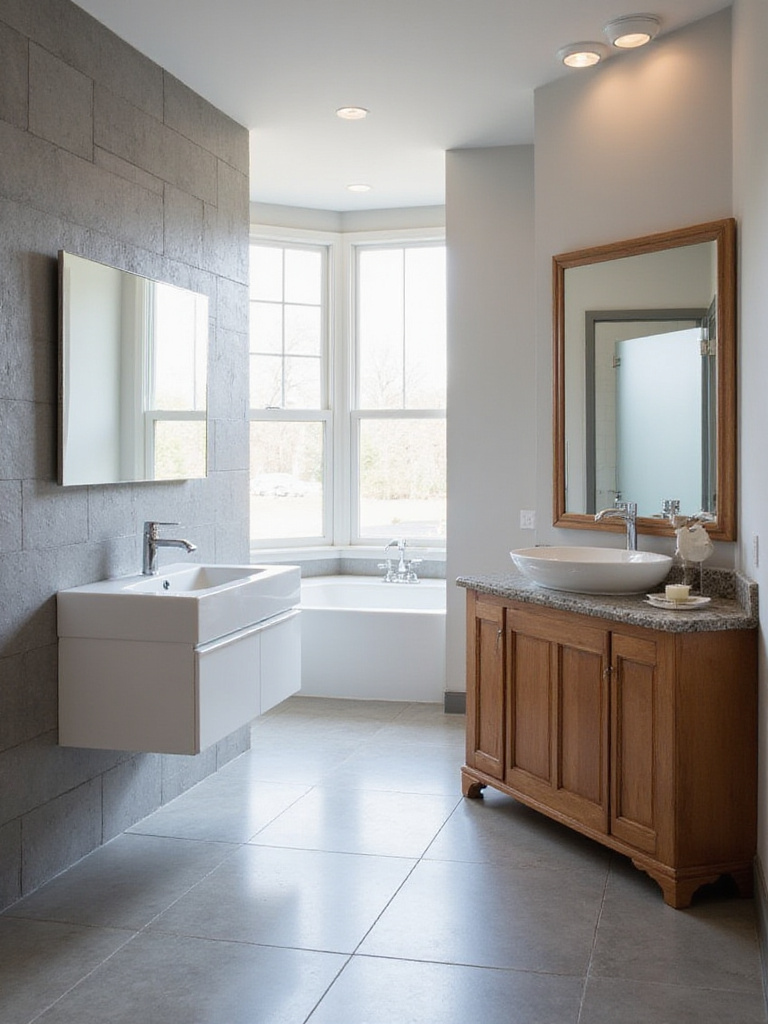 Bathroom interior featuring a modern wall-mounted vanity and a traditional freestanding wood vanity, illustrating different design options for bathroom styles.