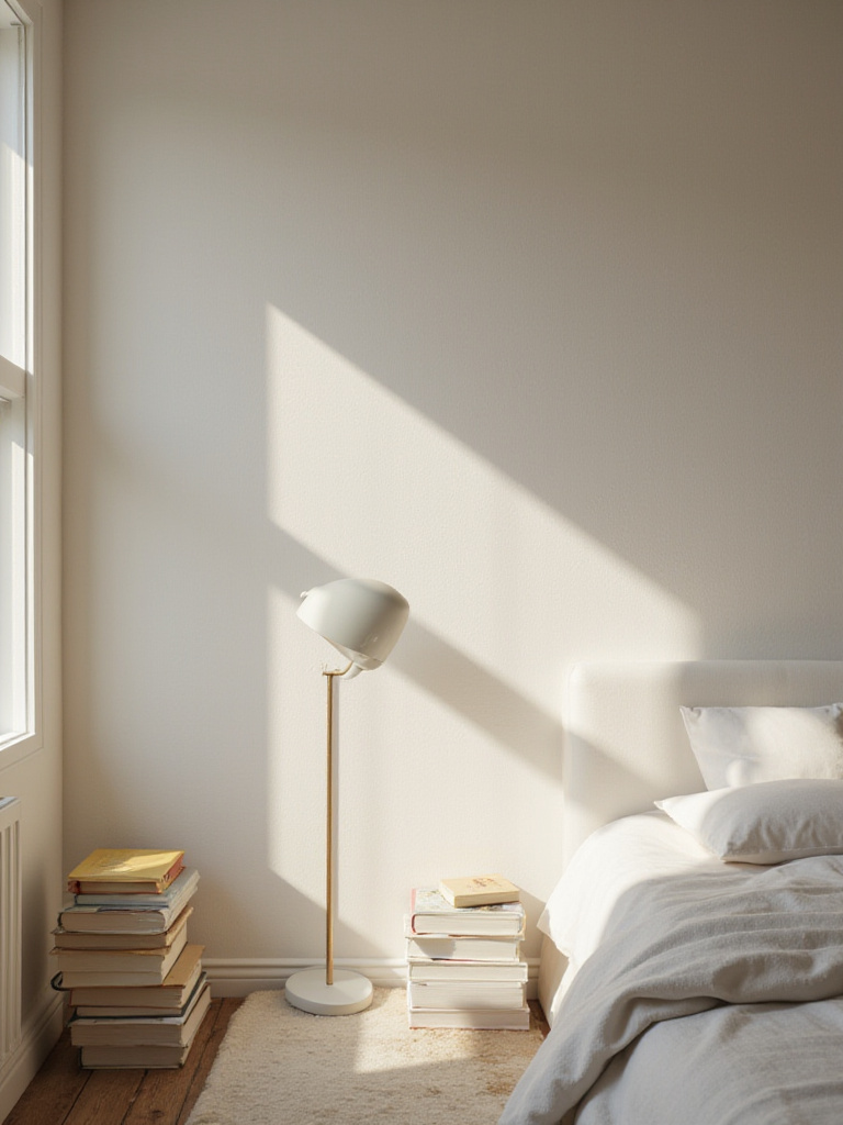 A bedroom scene illustrating different paint finishes, with a matte wall minimizing glare for reading and semi-gloss trim adding definition.