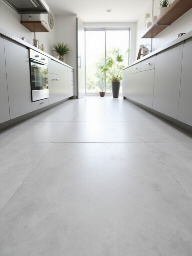Modern kitchen floor tiled with large format light gray porcelain tiles, emphasizing minimal grout lines and a clean, easy-to-maintain surface.