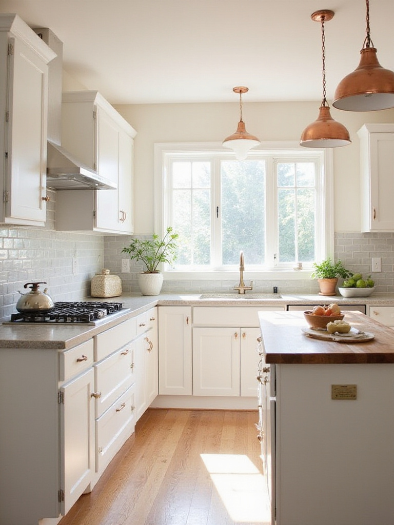 Bright and airy modern kitchen with white cabinets, gray backsplash, and butcher block island.