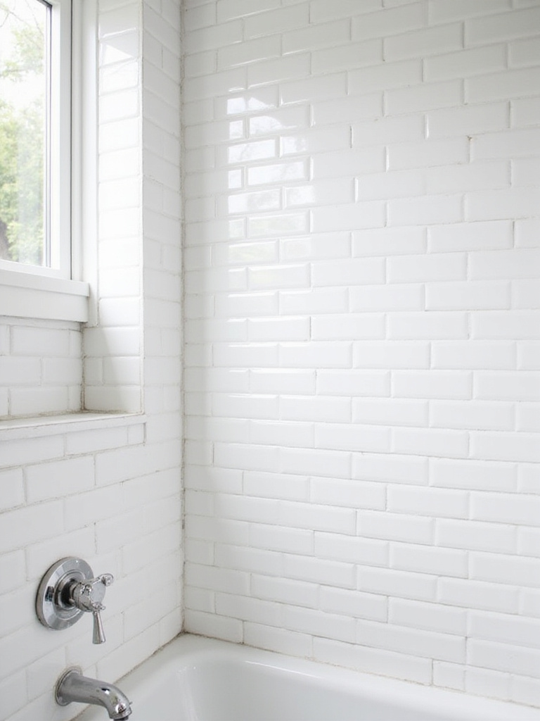 A shower wall tiled with classic glossy white 3x6 inch subway tiles in an offset pattern with light gray grout, showcasing the timeless look for a bathroom.