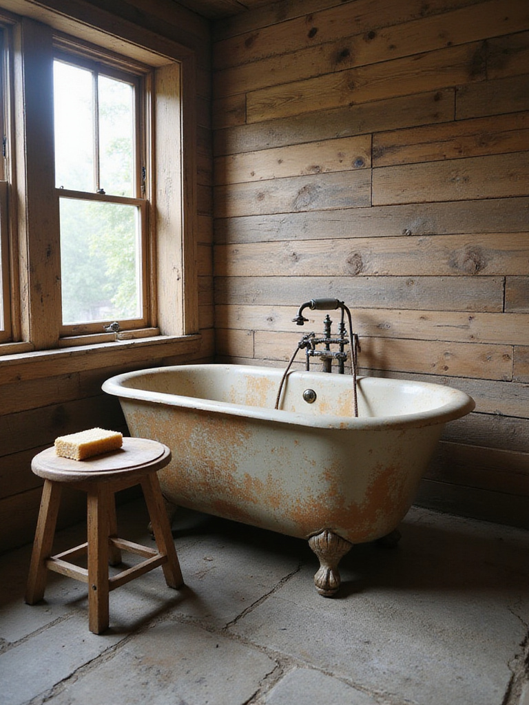 Rustic bathroom with clawfoot tub and aged patina.
