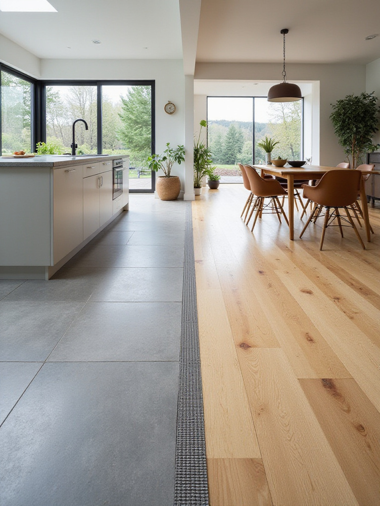 Modern open plan kitchen featuring grey tile flooring transitioning into warm engineered wood flooring in the adjacent living area.