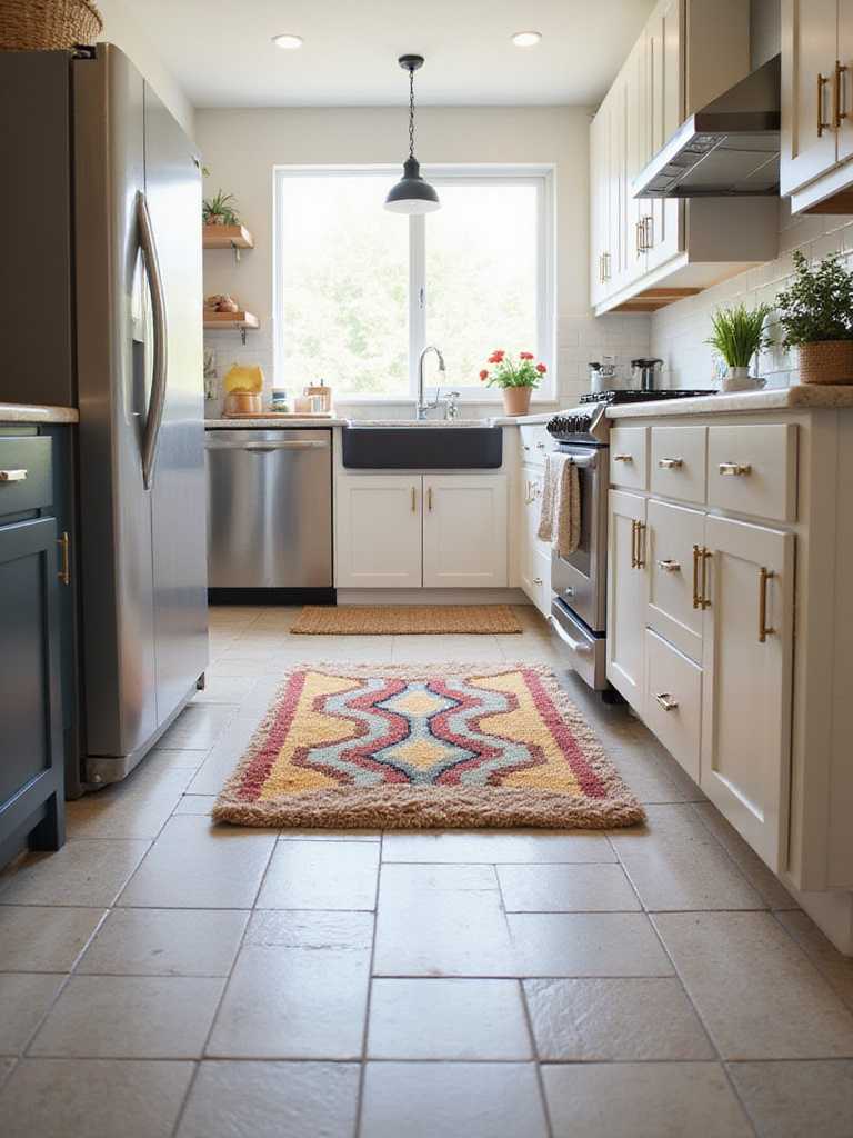 Comfortable kitchen with tile flooring and a cushioned area rug in front of the sink.