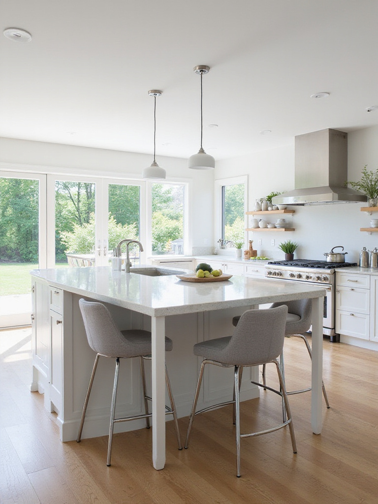 Modern kitchen island with comfortable grey upholstered bar stools and white quartz countertop.
