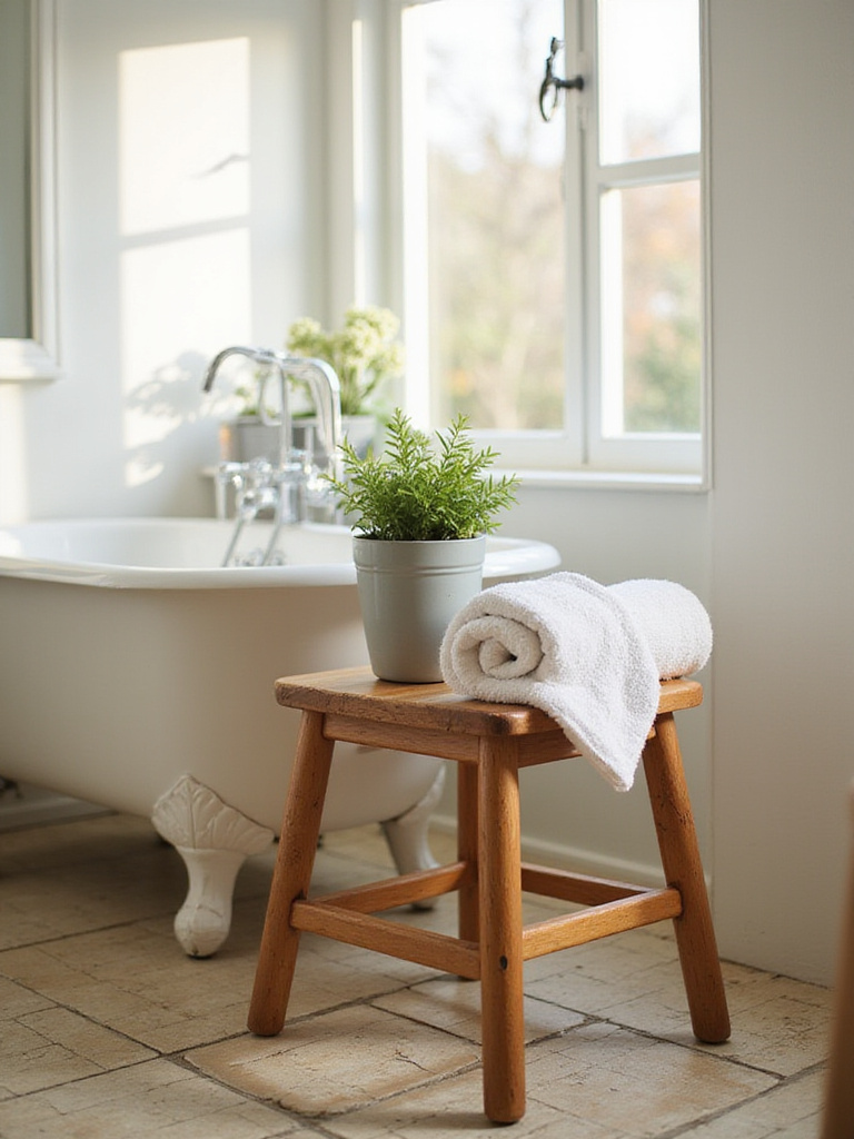 A small wooden stool next to a clawfoot tub in a farmhouse bathroom, styled with a hand towel and plant.