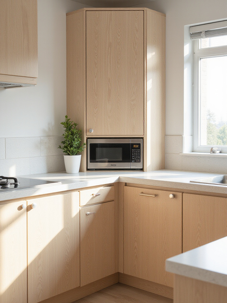 Modern kitchen corner with a light wood appliance garage on a white countertop, concealing small appliances for a clean look.