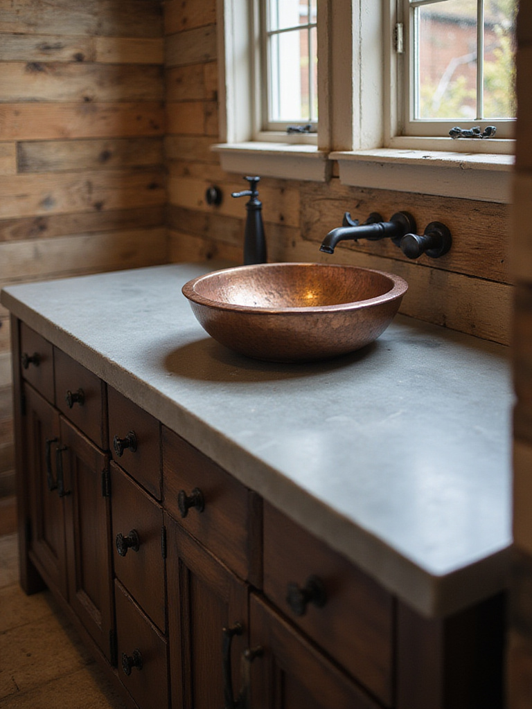 Rustic bathroom with concrete countertop and copper vessel sink